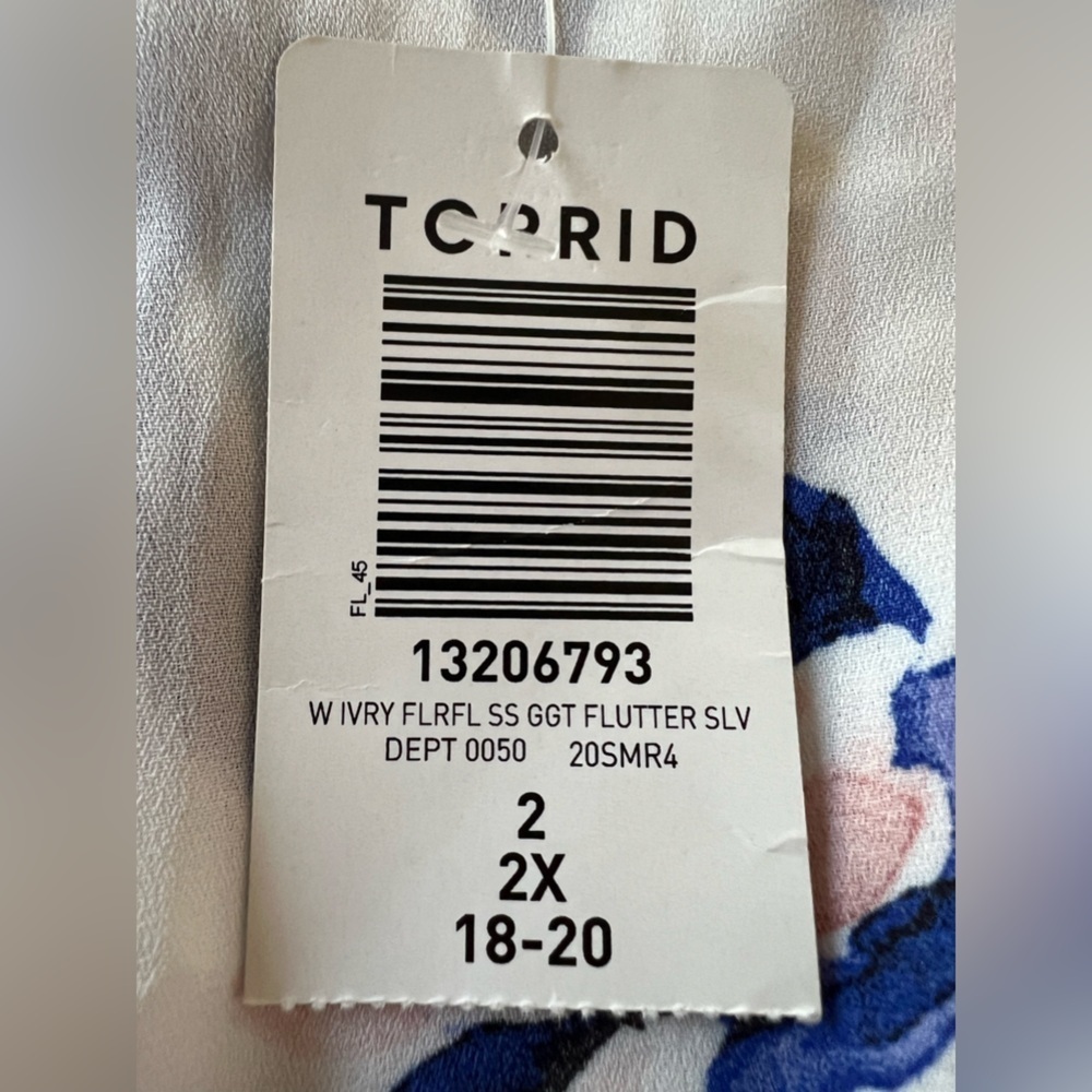 Torrid Ivory & Blue Floral Peplum Blouse flutter sleeves Size 2 2X 18-20 NWT - Picture 4 of 9